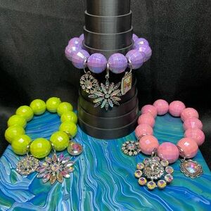 Trendy Boutique Colorful Beaded Bracelet Set - Purple, Green, Pink
